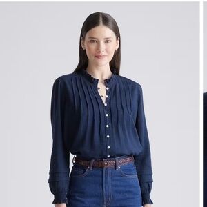 Quince Navy Organic Textured Cotton Peasant Blouse